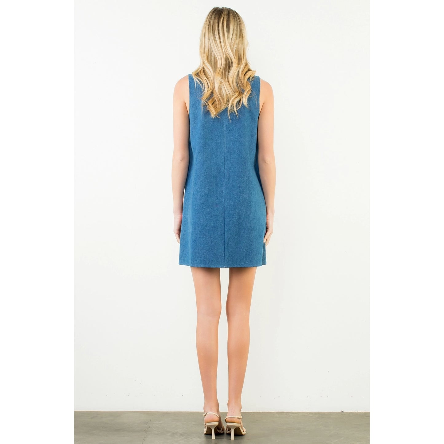 Sleeveless Embroidery Detail Dress - Denim Blue - Spinout