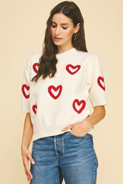 Heart Pattern Knit Sweater - Off-White