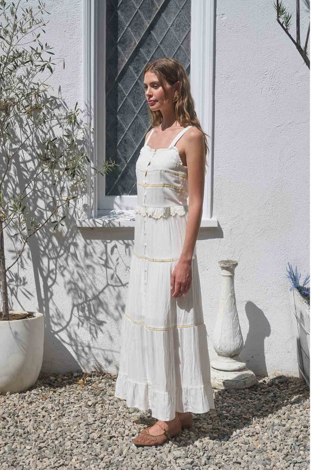Sleeveless Lace Daisy Trim Midi Dress - Off-White