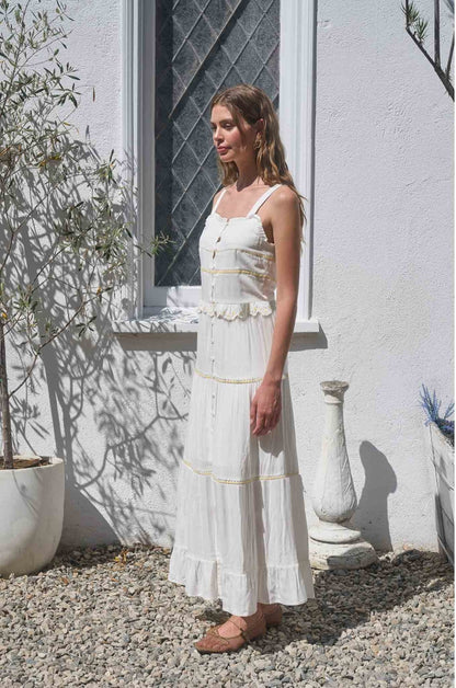 Sleeveless Lace Daisy Trim Midi Dress - Off-White