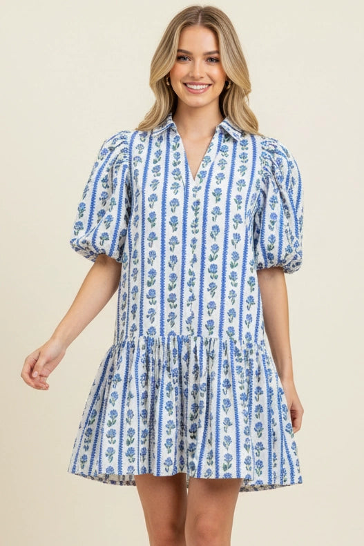 Floral Stripe Puffed Sleeve Mini Dress - Blue