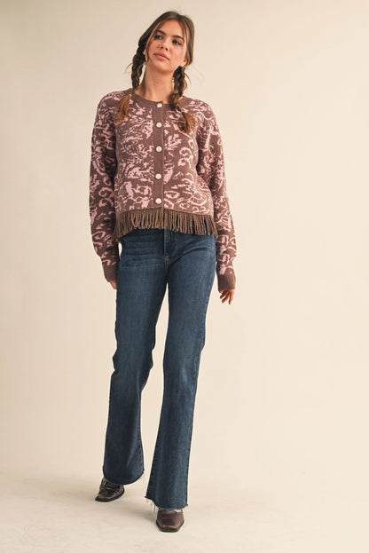 Floral Knit Fringed Sweater Cardigan - Mocha Pink