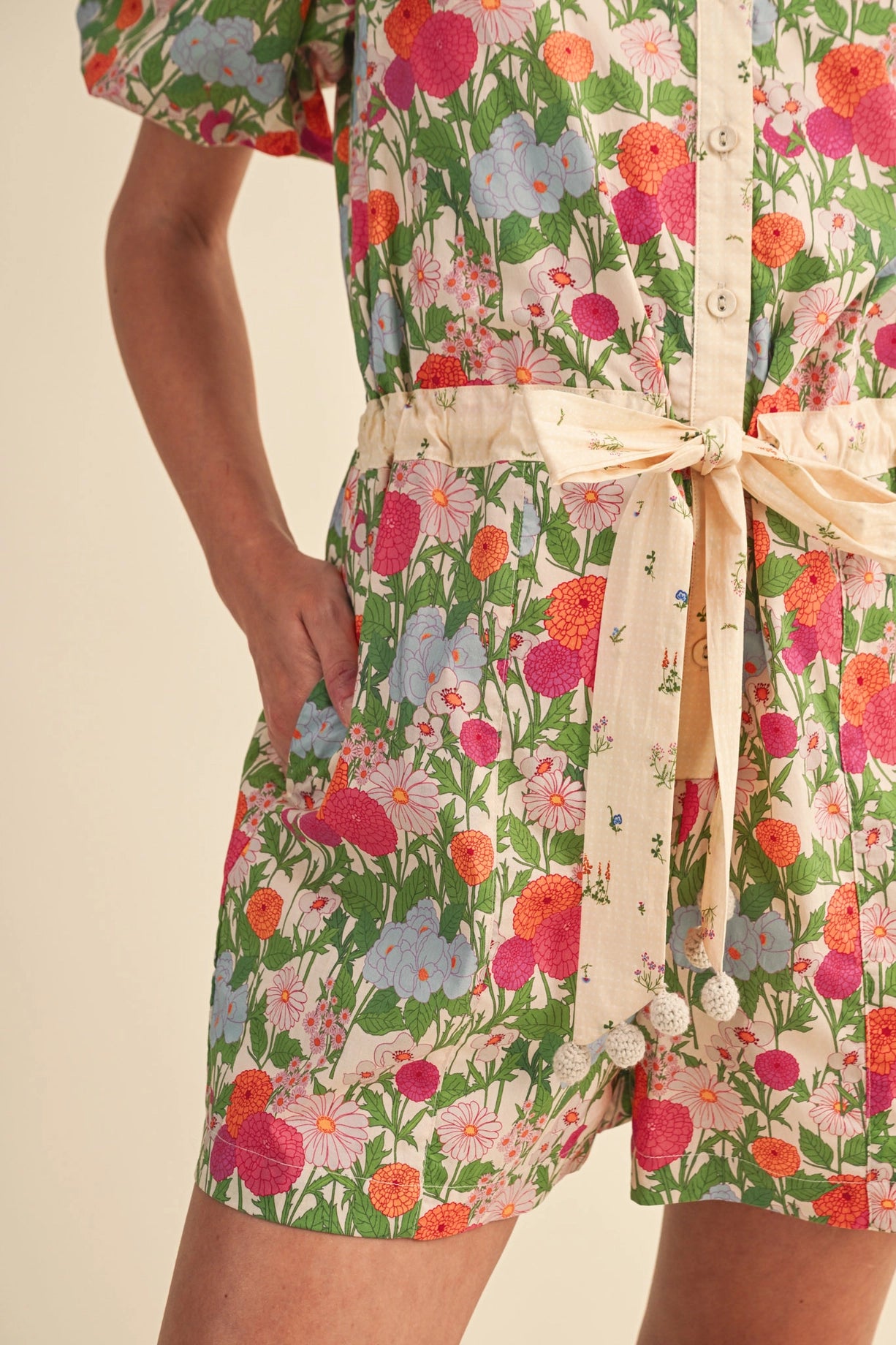 Bubble Sleeve Floral Print Romper - Cream Pink Floral