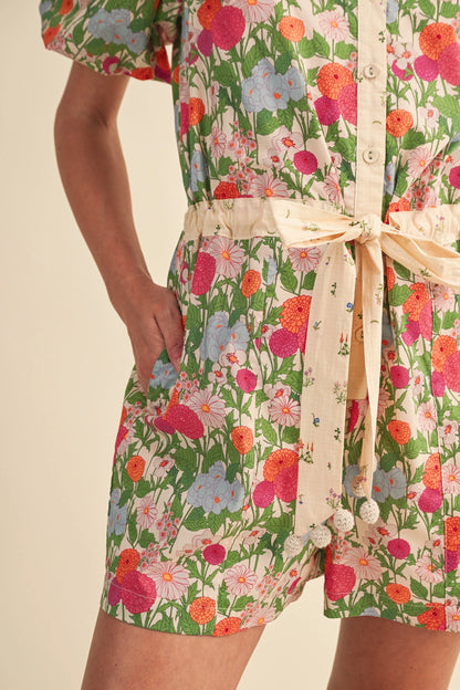 Bubble Sleeve Floral Print Romper - Cream Pink Floral
