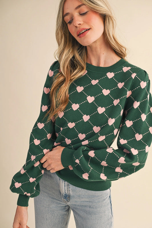 Heart Knit Puff Sleeve Sweater - Hunter Green Pink