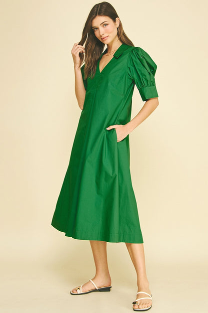 V-Neck Pleated A-Line Dress - Grass Green
