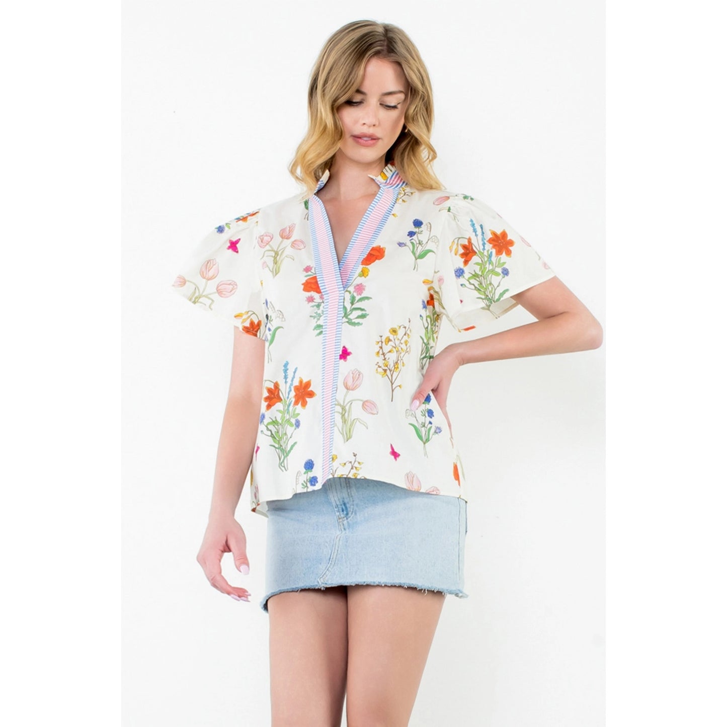 THML - Short Sleeve Floral Top - Cream