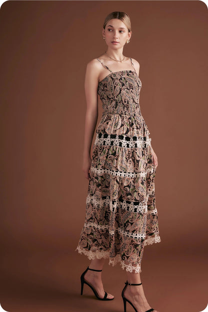 Posh Paisley Eyelet Lace Midi Dress - Black Multi