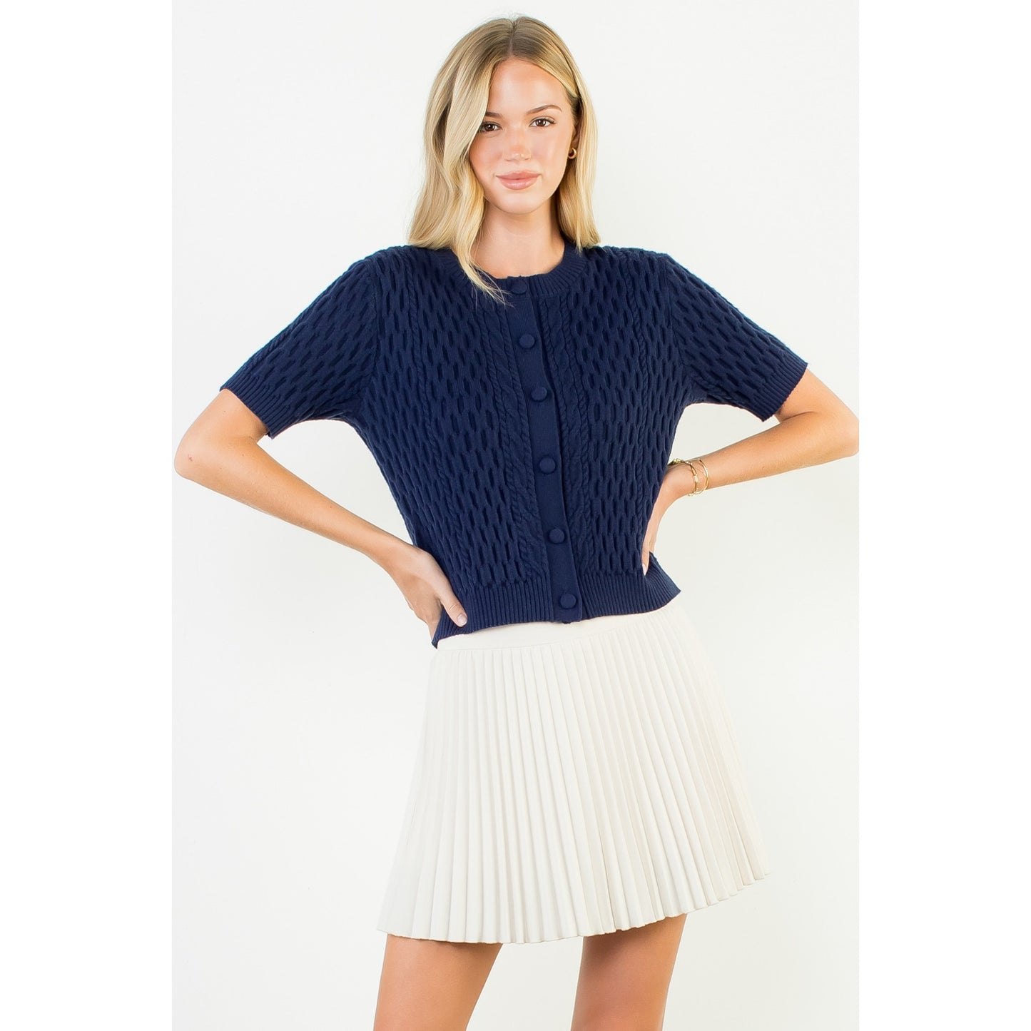 Short Sleeve Button Knit Top - Navy