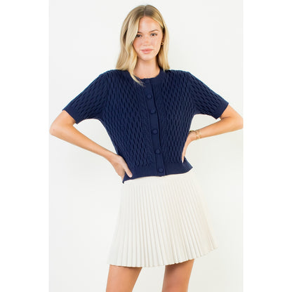 Short Sleeve Button Knit Top - Navy