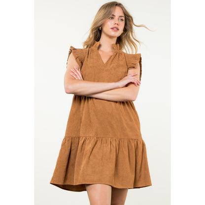 THML - Flutter Sleeve Corduroy Midi Dress - Camel