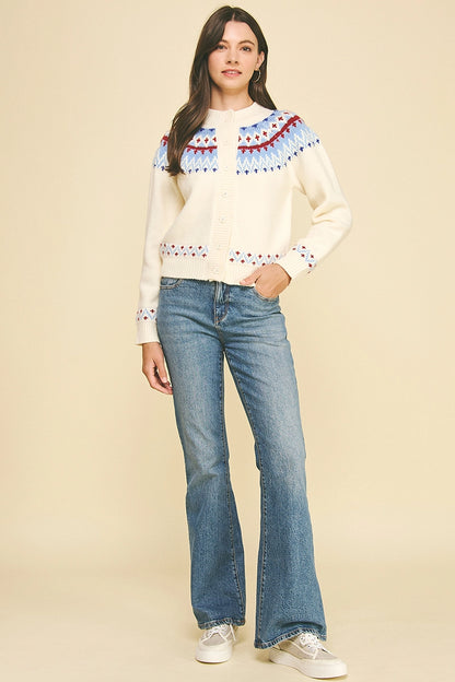 Nordic Pattern Button Down Cardigan - Ivory