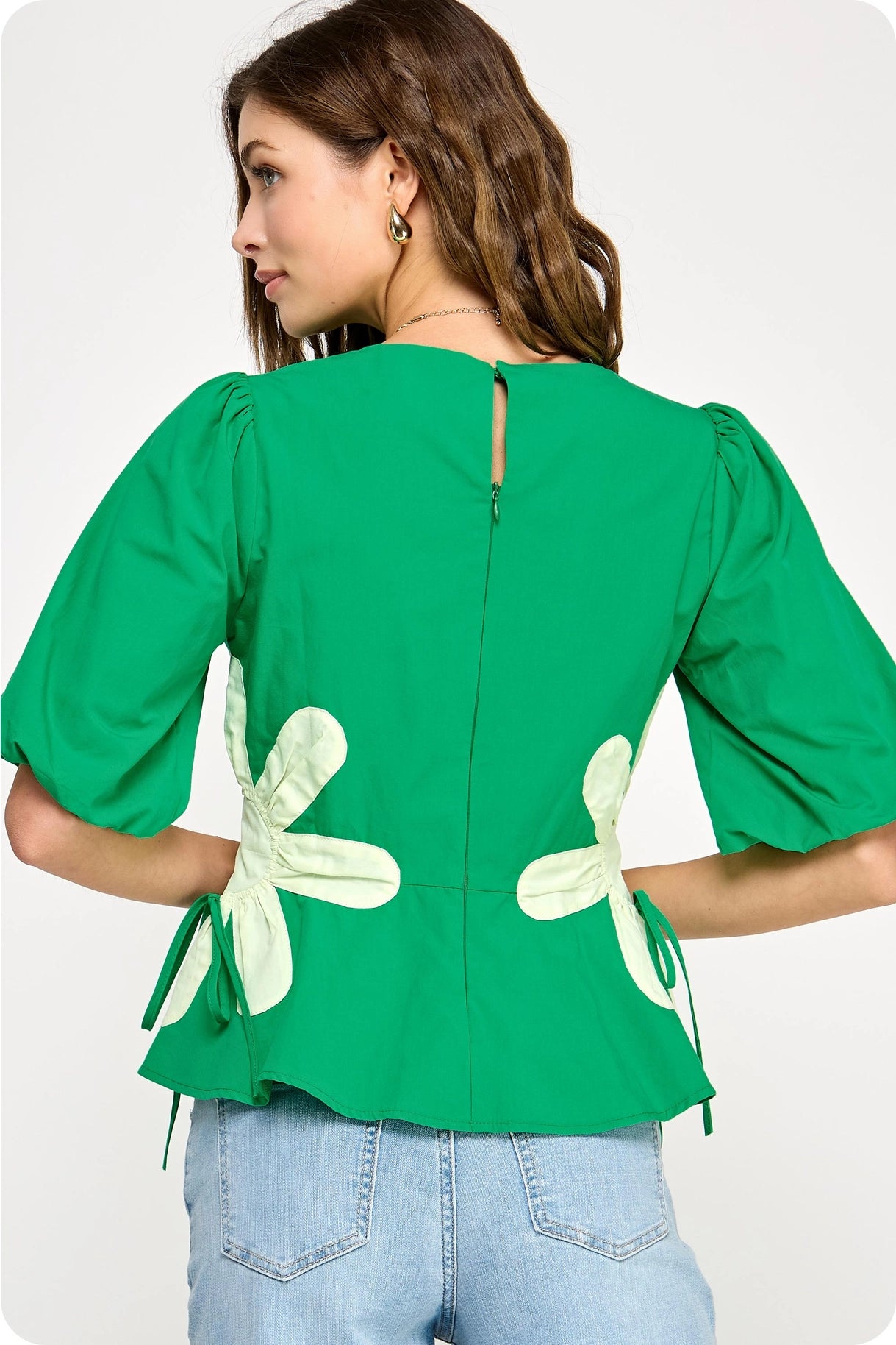 Flower Color-Block Poplin Top - Emerald/Light Lime