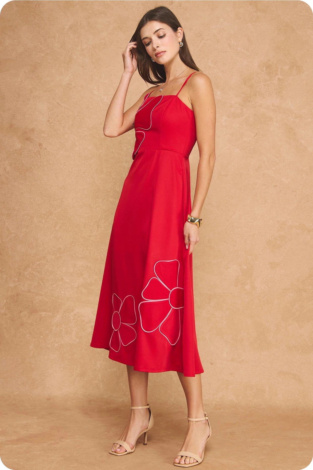 Oversized Floral Appliqué Piping Sleeveless Midi Dress - Red/Pink
