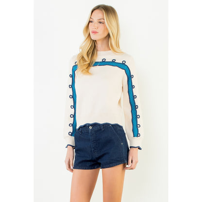 Long Sleeve Wavy Pattern Knitted Sweater - Cream