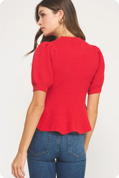 Flared Puff Sleeve Knit Top - Red