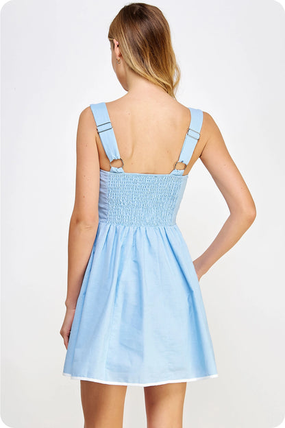 Piping Contrast Sleeveless Linen Mini Dress - Chambray