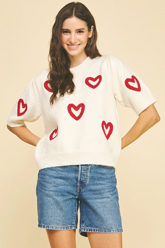 Heart Pattern Knit Sweater - Off-White