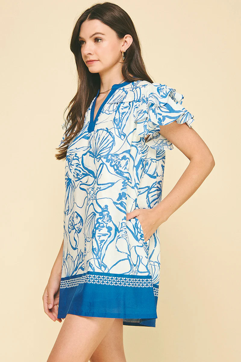 Scallop Shell Printed Tunic Dress - Blue