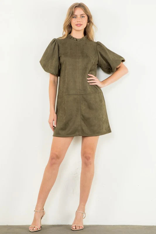 THML - Puff Sleeve Midi Suede Dress - Olive