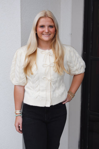 Cable Puff Sleeve Knit w/Pearl Bow - Cream