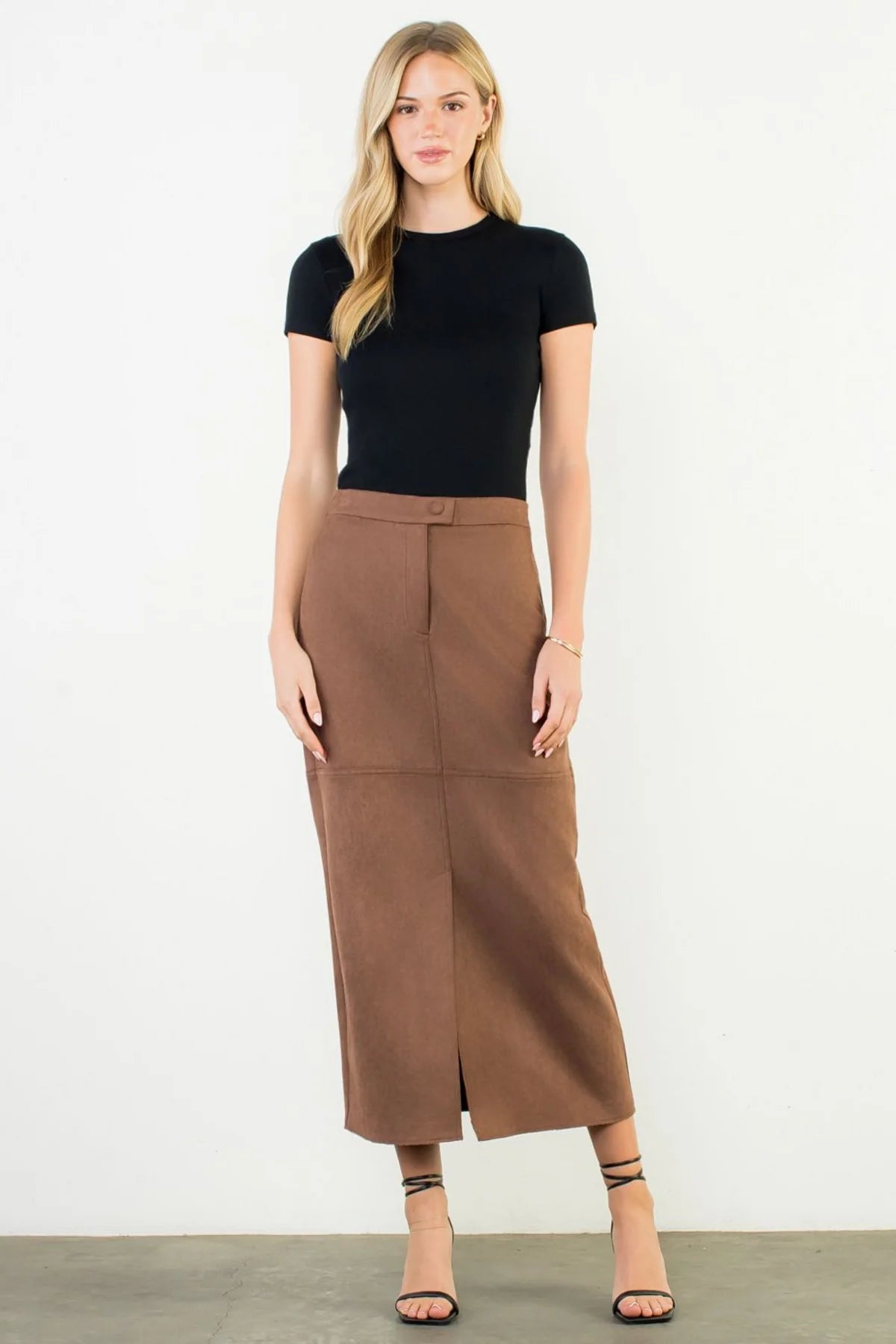 Front Slit Suede Long Skirt - Brown