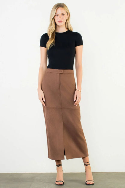 Front Slit Suede Long Skirt - Brown