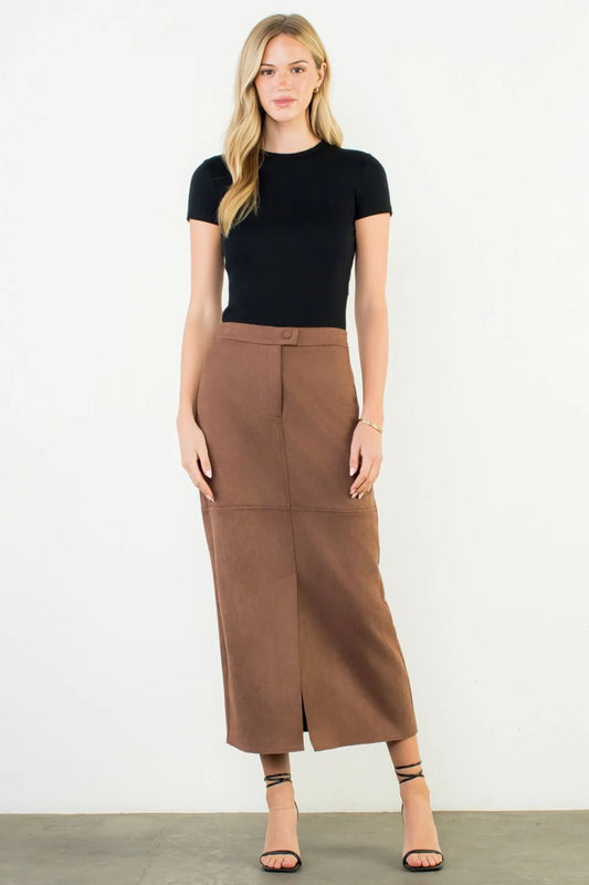 Front Slit Suede Long Skirt - Brown