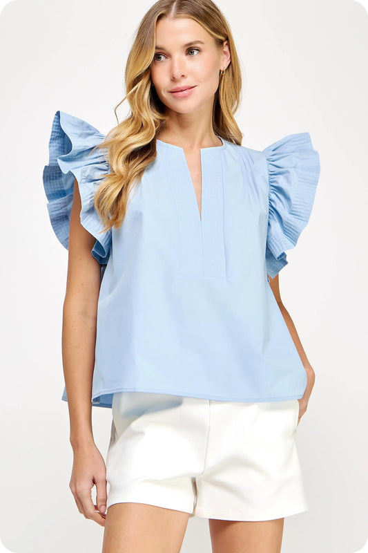 Flutter Ruffle Sleeve Poplin Top - Chambray