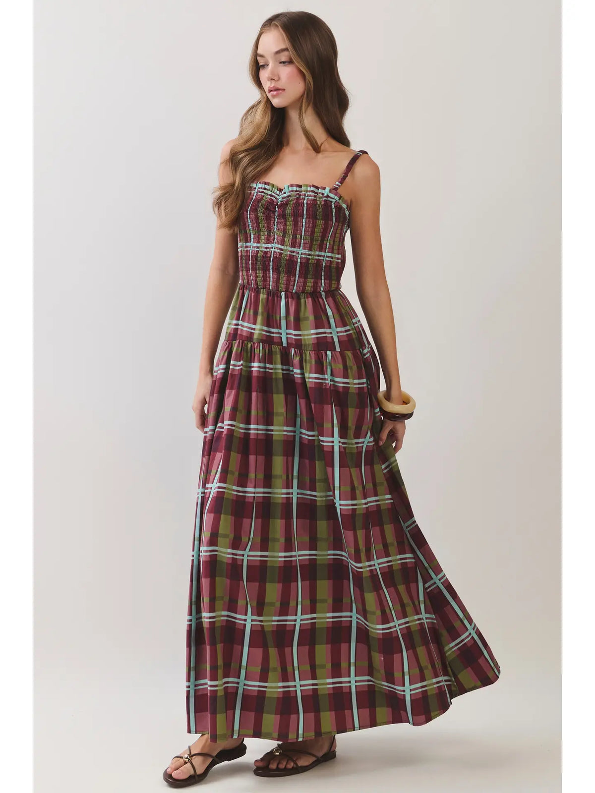 Plaid Smocked Tiered Maxi Dress - Burgundy