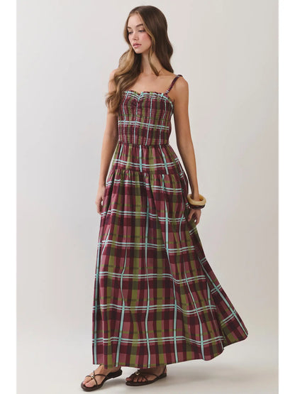 Plaid Smocked Tiered Maxi Dress - Burgundy