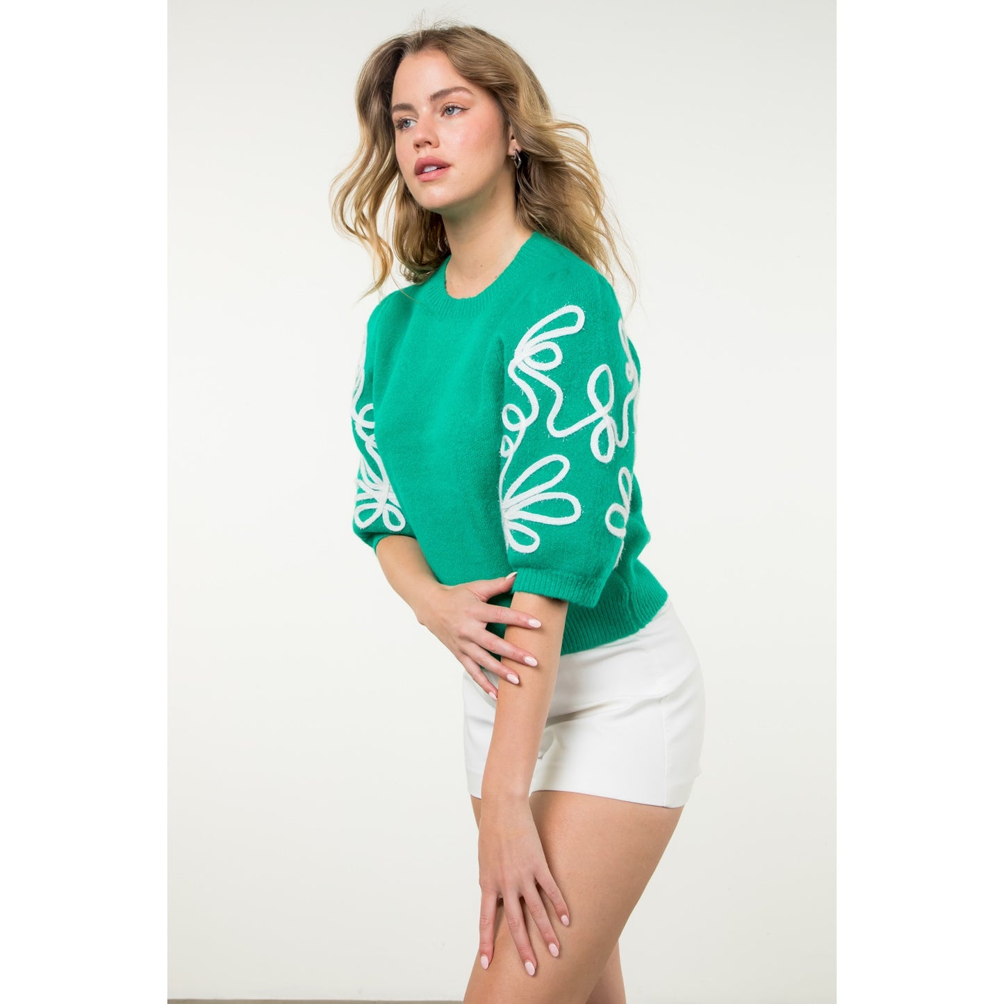 THML - Short Sleeve Embroidered Detail Knit Top - Green