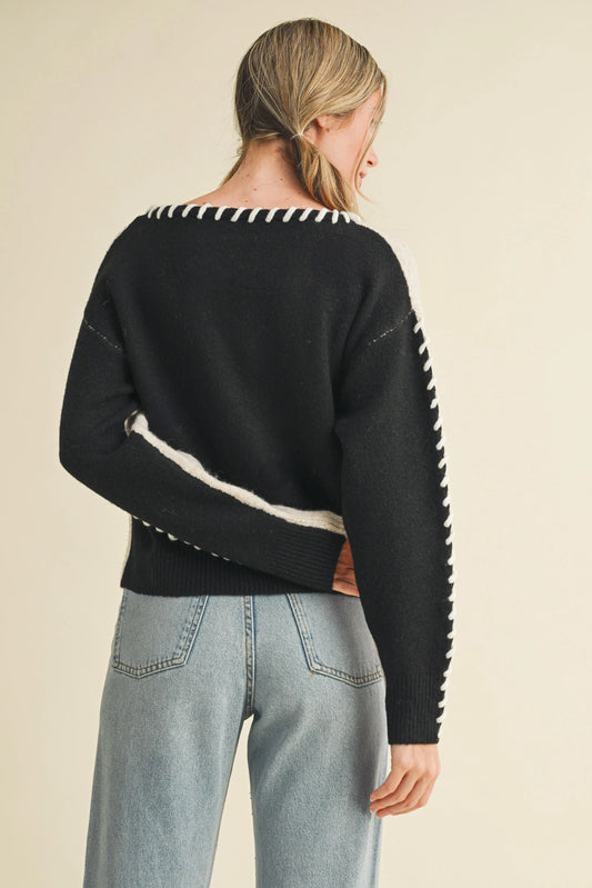 Whip Stitch Two-Tone Sweater - Taupe Black