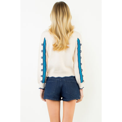 Long Sleeve Wavy Pattern Knitted Sweater - Cream
