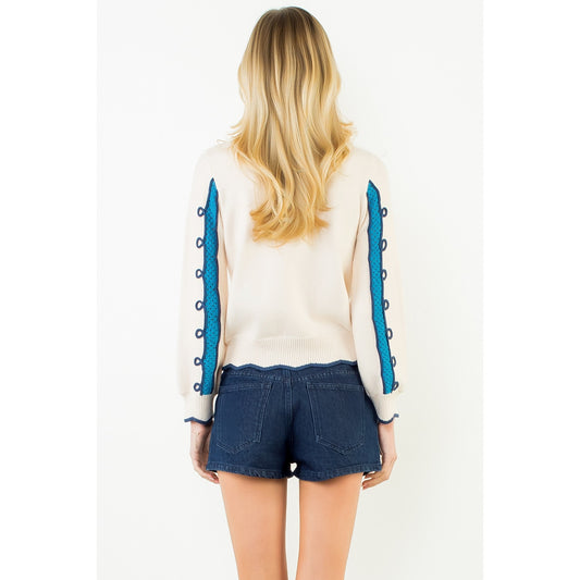 Long Sleeve Wavy Pattern Knitted Sweater - Cream