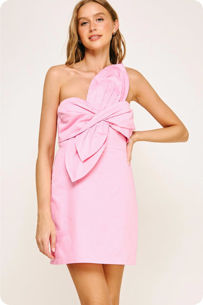 Knotted Flower Bow Mini Dress - Pink Lilac