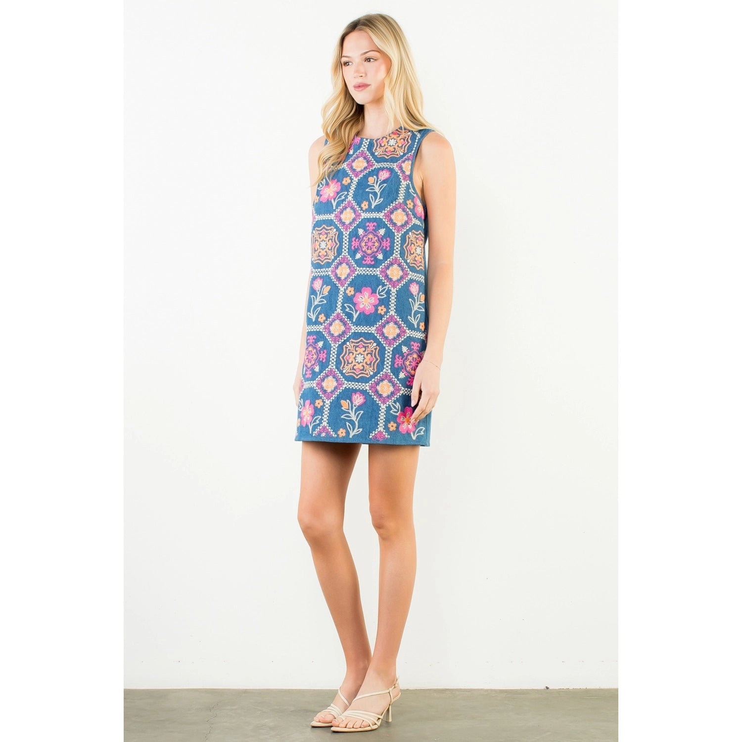 Sleeveless Embroidery Detail Dress - Denim Blue - Spinout