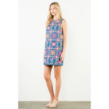 Sleeveless Embroidery Detail Dress - Denim Blue - Spinout