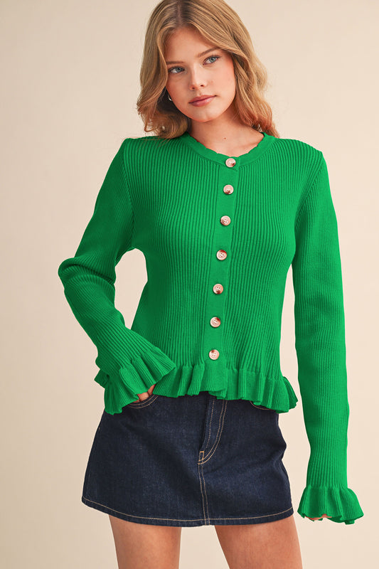 Ruffle Hem Ribbed Knit Sweater Cardigan - Kelly Green