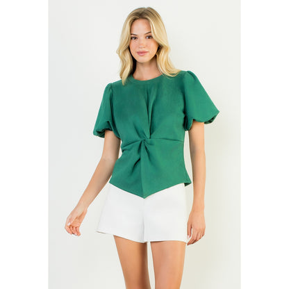 Puff Sleeve Twisted Detail Suede Top - Green