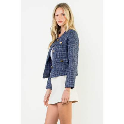 Fringe Hem Button Front Tweed Jacket - Navy