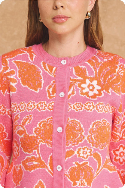 Floral Intarsia Peplum Button Down Cardigan - Pink/Orange