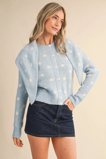 Polka Dot Sweater Cardigan with Detachable Scarf - Sky Blue