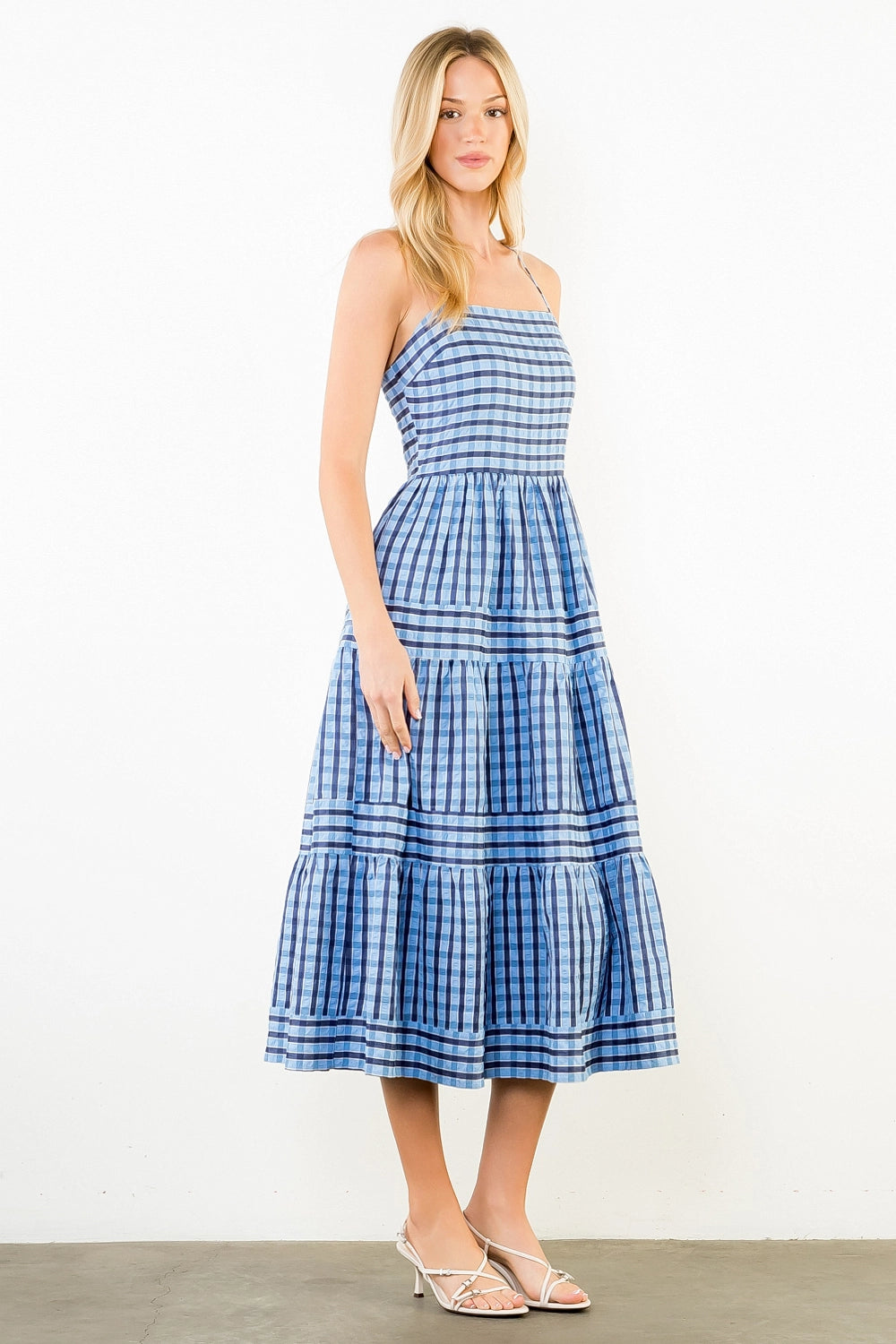 Thin Strap Striped Pattern Tiered Dress - Blue