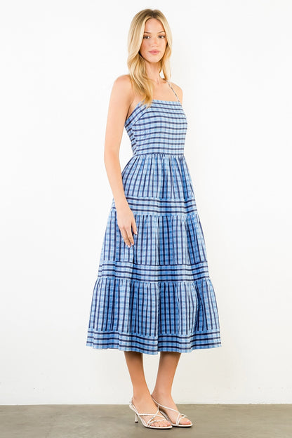 Thin Strap Striped Pattern Tiered Dress - Blue