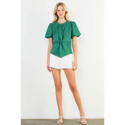 Puff Sleeve Twisted Detail Suede Top - Green