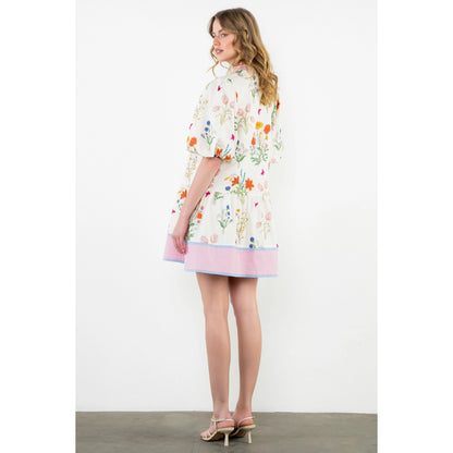 THML - Puff Sleeve Floral Dress - Cream