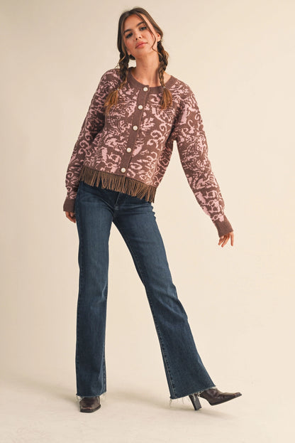 Floral Knit Fringed Sweater Cardigan - Mocha Pink