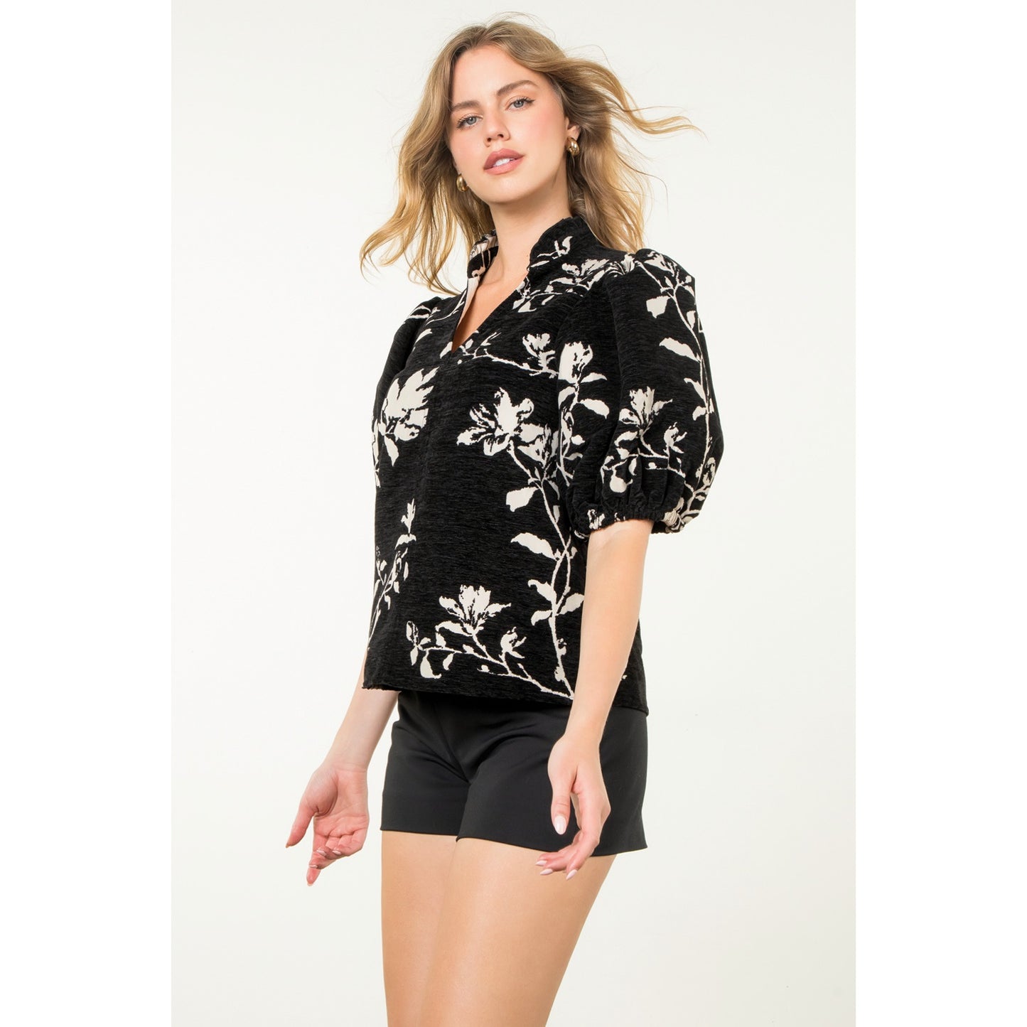 THML - Chenille Puff Sleeve Top - Black