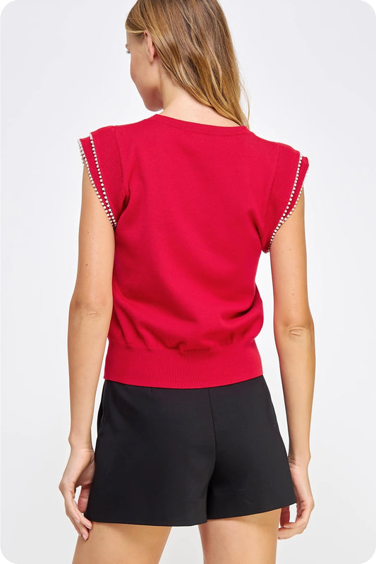 Pearl Trim Sleeveless Knit Sweater Top - True Red